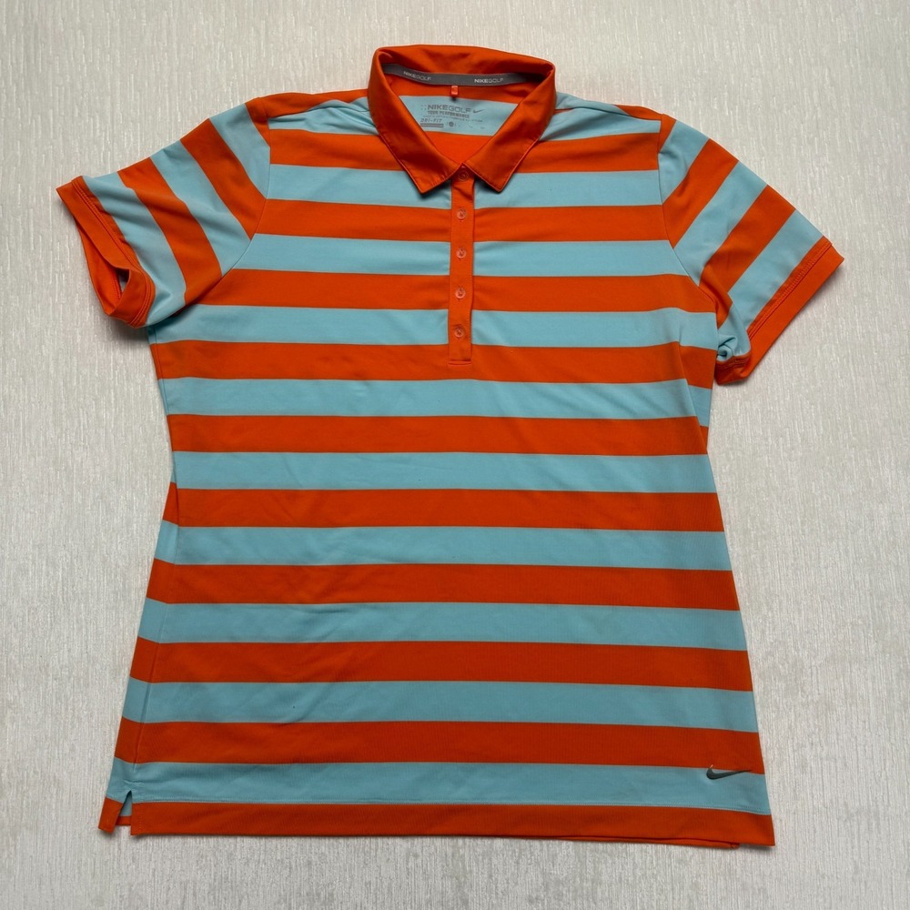Nike Golf Dri-Fit Tour Performance Polo Shirt Womens XL Orange Blue Striped Logo